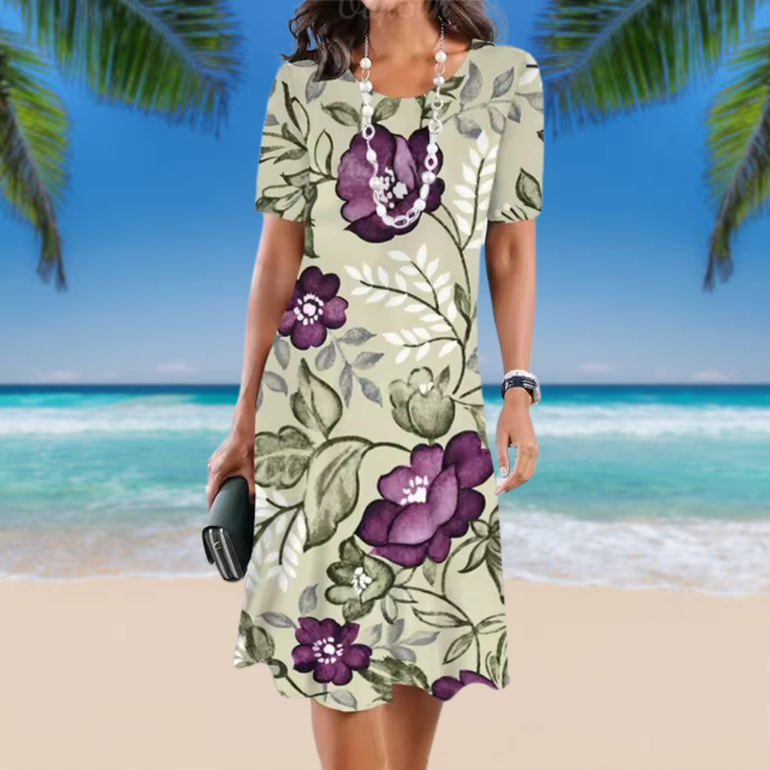 Vibrant Floral Dress – Colorful Flower Pattern, Figure Flattering Summer Dress