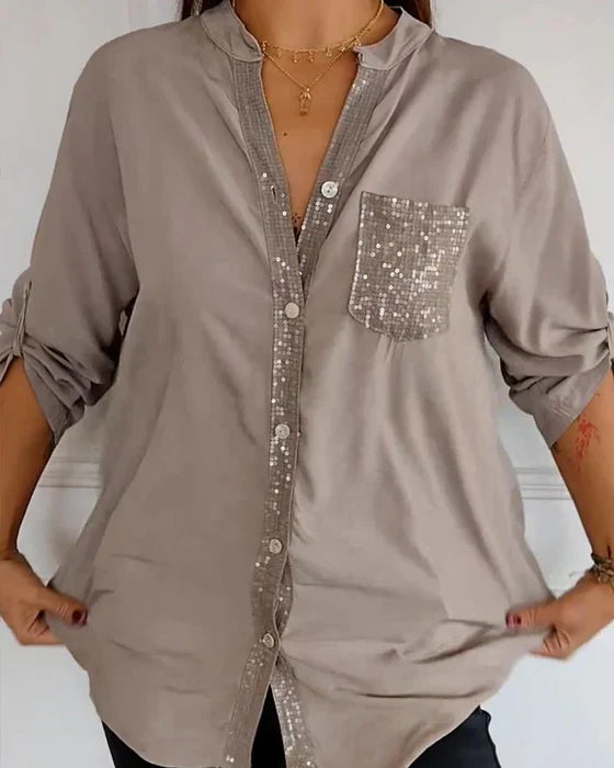 Chic Glamour Top - Elegant Black Sequin Detail Button-Up Blouse for Night Out