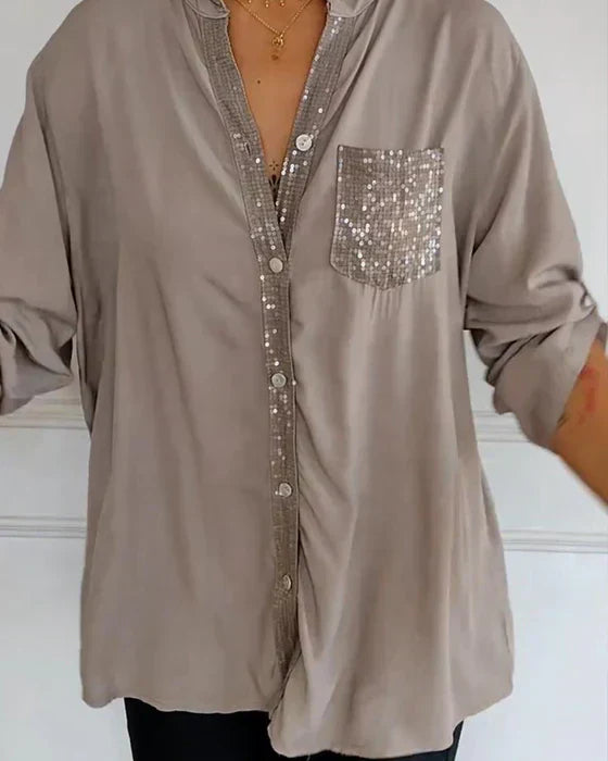 Chic Glamour Top - Elegant Black Sequin Detail Button-Up Blouse for Night Out