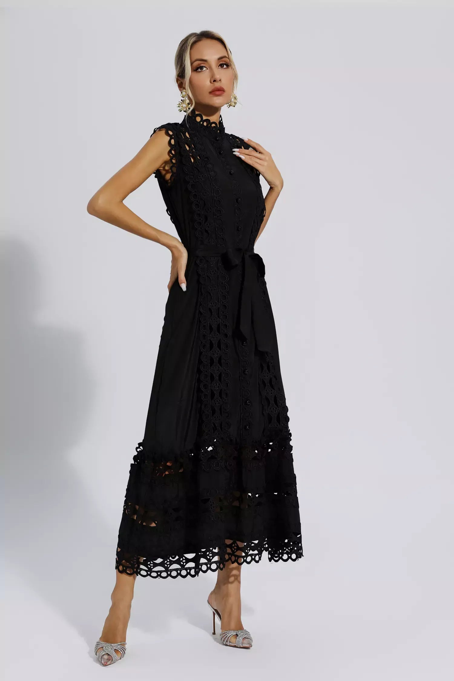 Black Sleeveless Maxi Dress – Elegant Hollow Detail Evening Gown in Polyester