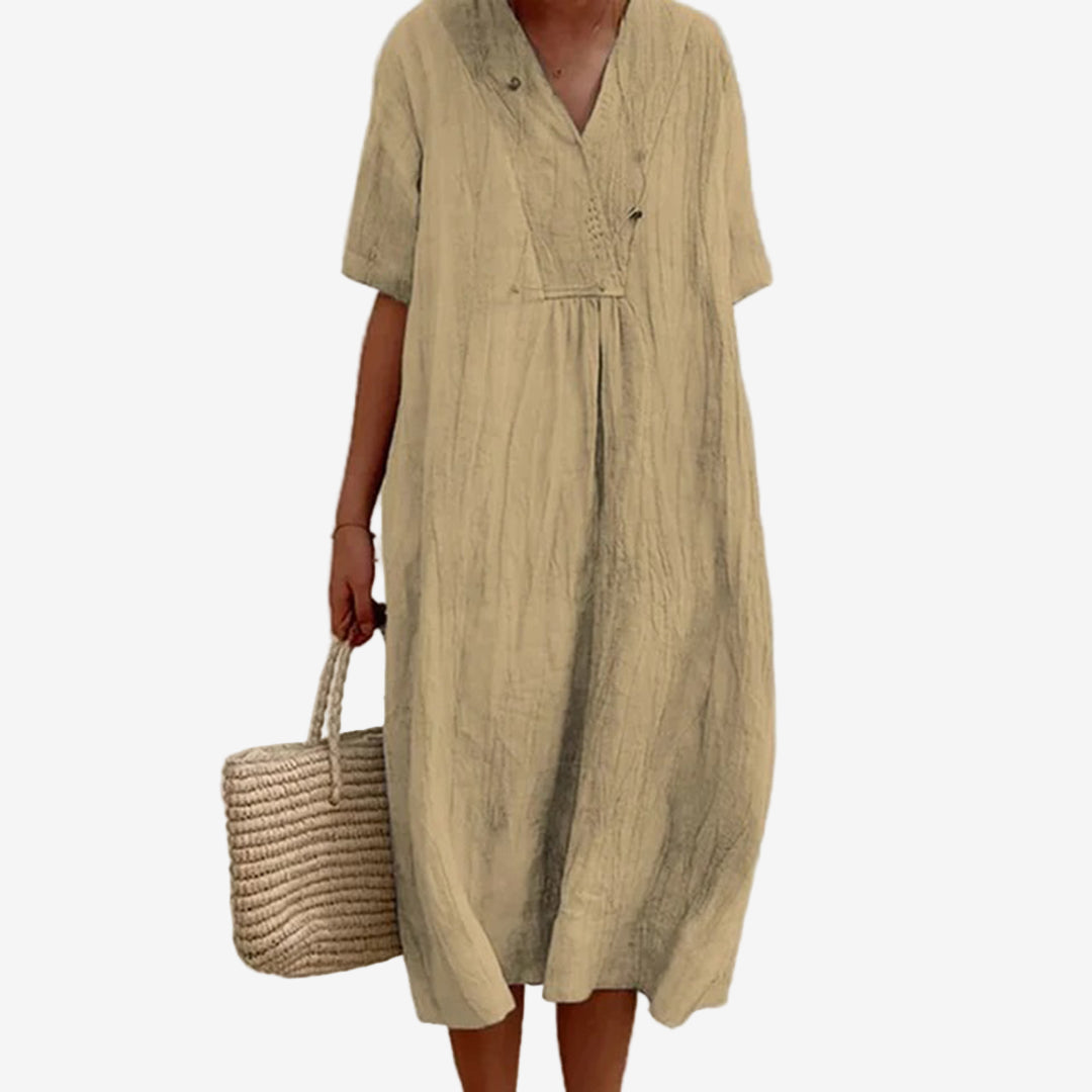 V-Neck Midi Dress – Elegant Flowing Women's Dress for Office & Evening Events