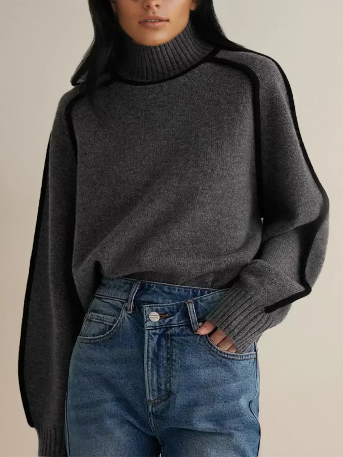 Elegant Turtleneck Sweater – Soft Medium Knit, Relaxed Fit Sweater with Contrast Piping