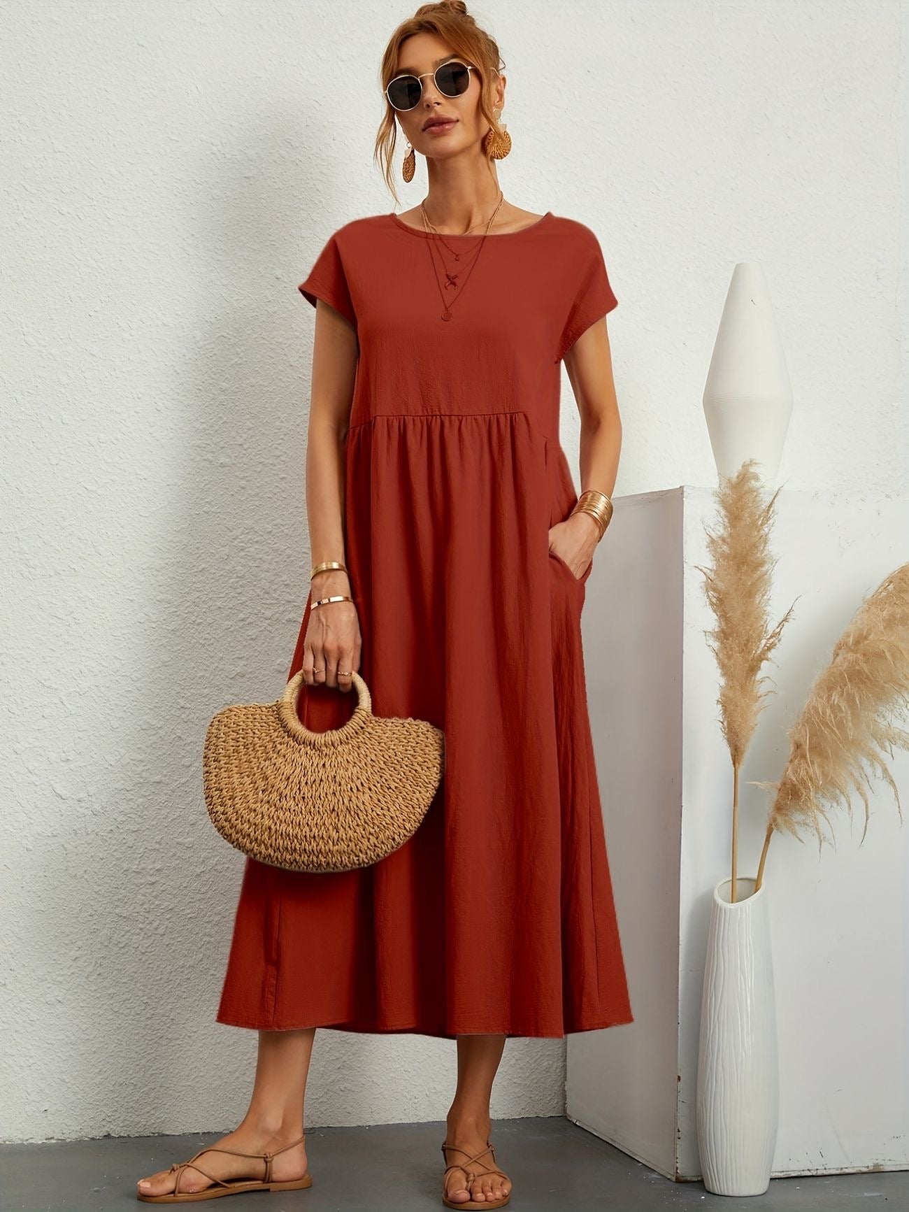 Maria Casual Dress - Breathable Cotton Fabric, Flattering Silhouette Dress With Pockets