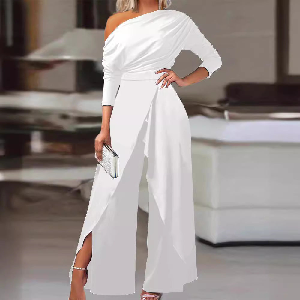 Ruched Wrap Jumpsuit - Elegant Split Hem, Relaxed Fit Stylish Women's Wear