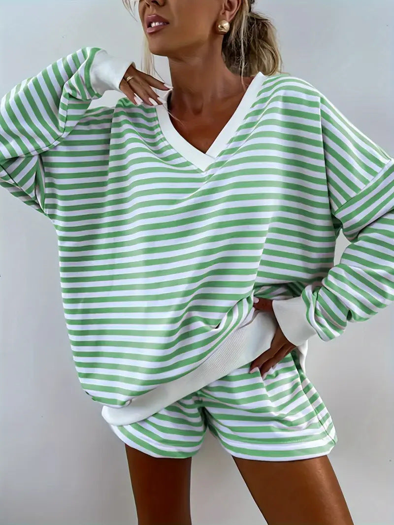 Relaxed Fit Lounge Set – Striped V-Neck Two-Piece Casual Loungewear for Women
