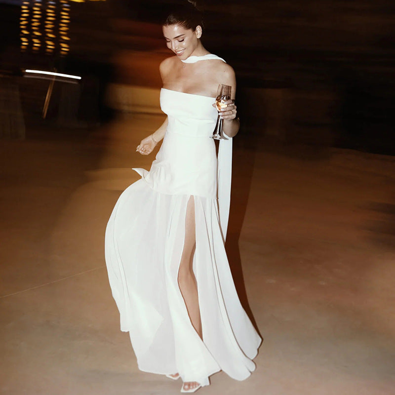 Strapless Maxi Dress – Ariadne Patchwork Mesh Asymmetrical Hem Elegant Party Gown