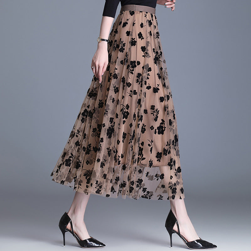 Floral Midi Skirt – Elegant Layered Mesh Skirt with Embroidered Design