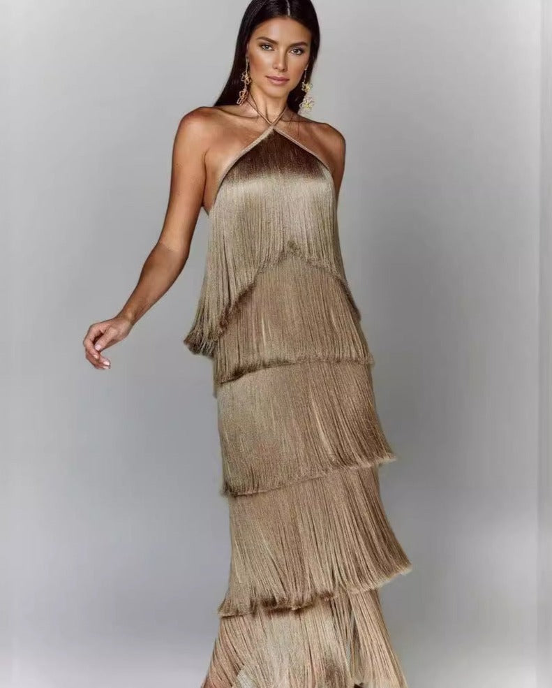 Edina Tassel Dress - Elegant Sleeveless Party Gown with Halter Neck