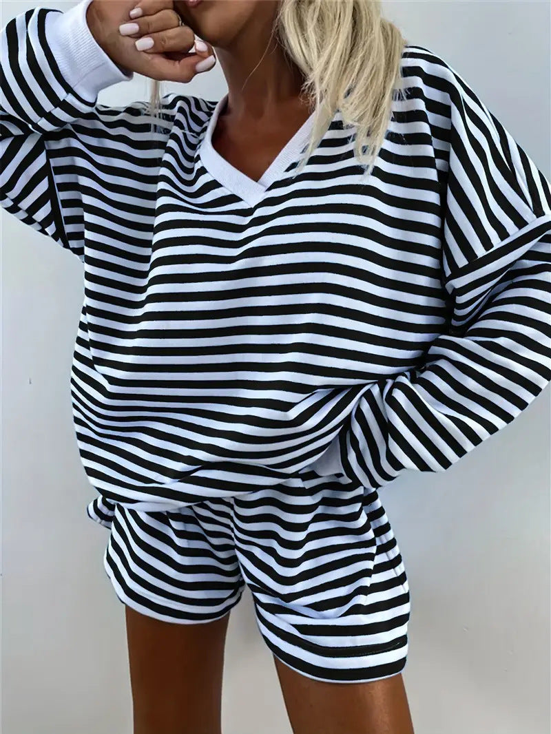 Relaxed Fit Lounge Set – Striped V-Neck Two-Piece Casual Loungewear for Women