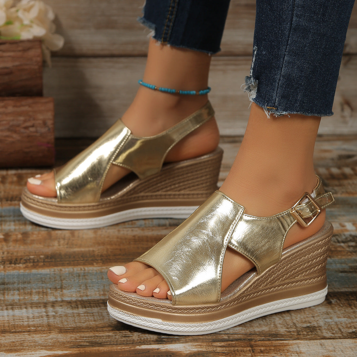 Metallic Slingback Wedge Sandals – Comfortable Arch Support Shoes for Women