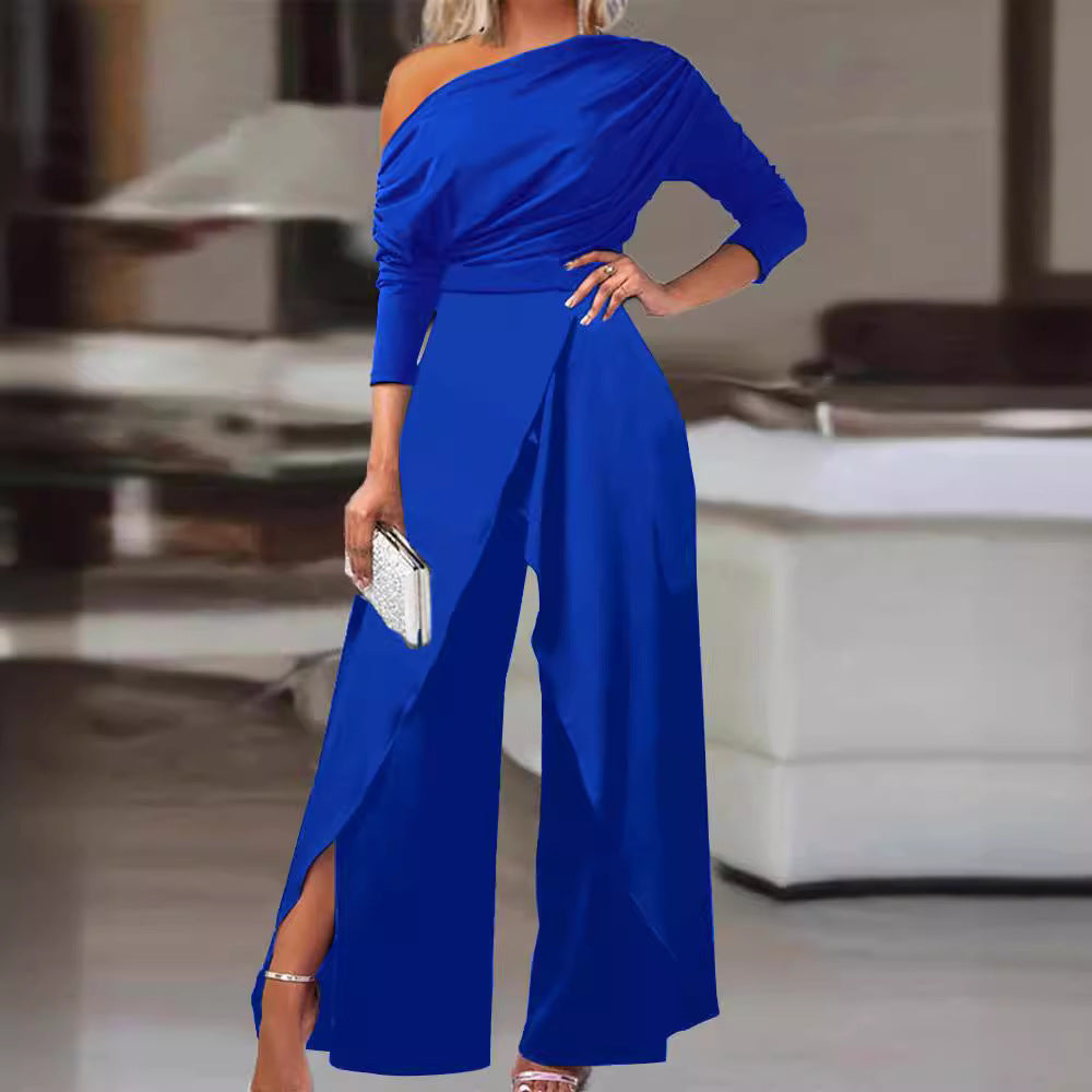 Ruched Wrap Jumpsuit - Elegant Split Hem, Relaxed Fit Stylish Women's Wear