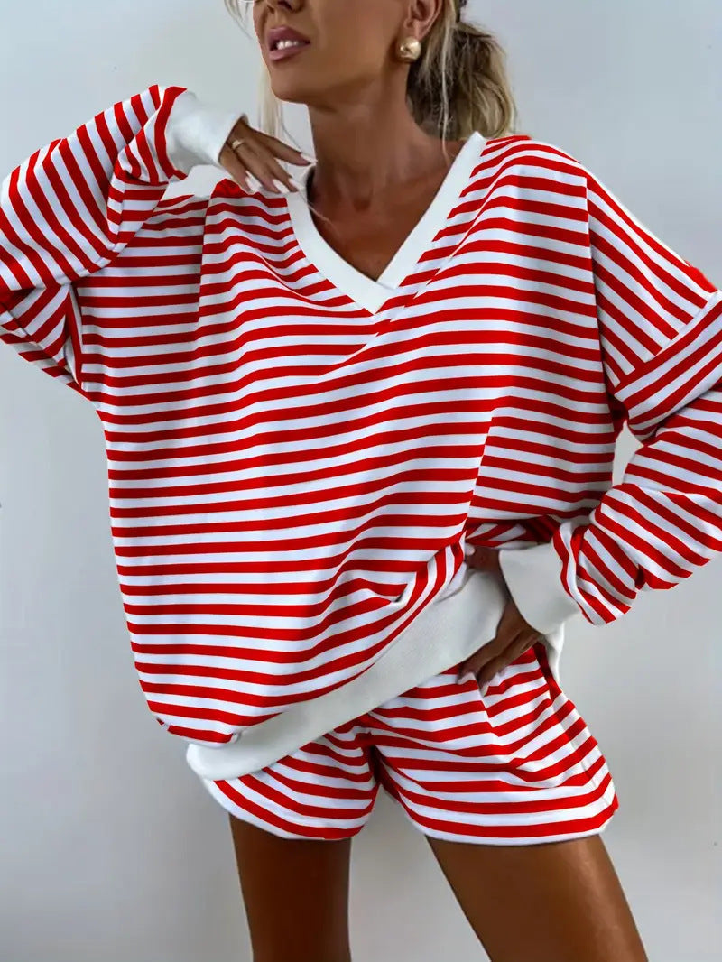 Relaxed Fit Lounge Set – Striped V-Neck Two-Piece Casual Loungewear for Women