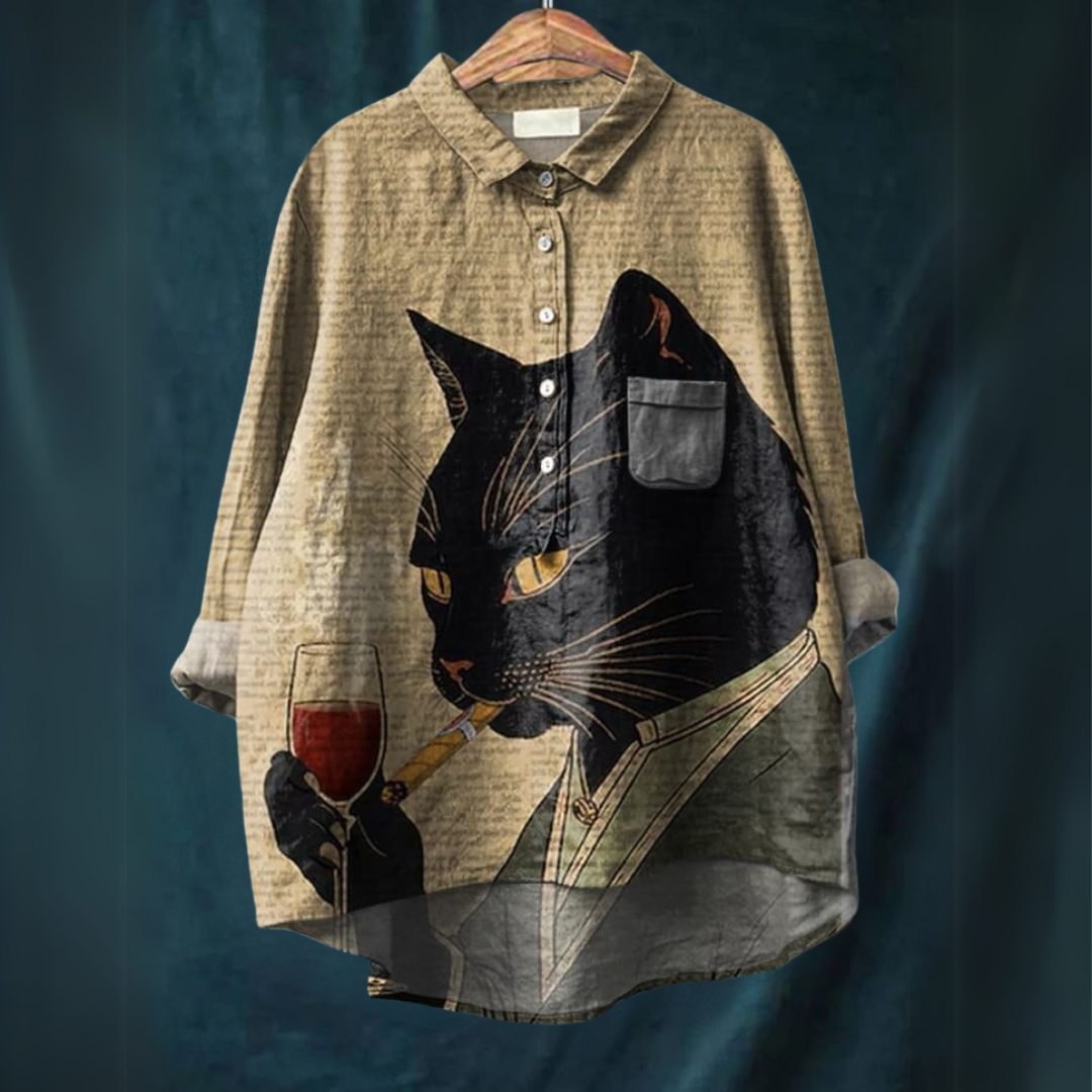 Art Inspired Blouse – Lightweight Breathable Women's Autumn Shirt With Cat Art
