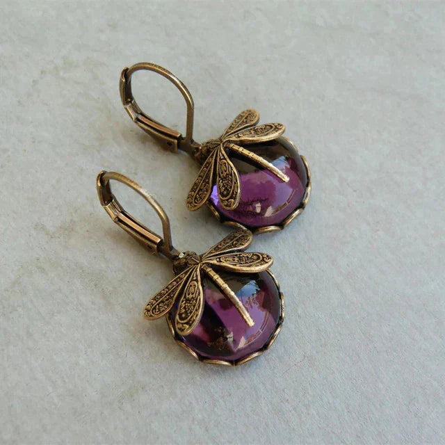 Dragonfly Earrings – Spherical Antique Gold Artisan Crafted Statement Jewelry