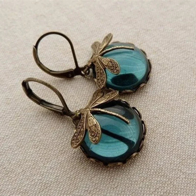 Dragonfly Earrings – Spherical Antique Gold Artisan Crafted Statement Jewelry