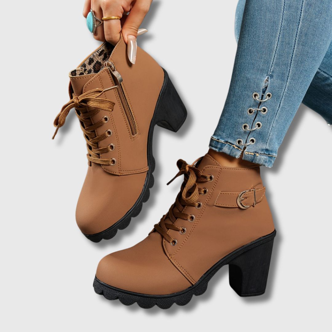 Heeled Ankle Boots – Casual Comfortable Lace-Up Block Heel Footwear