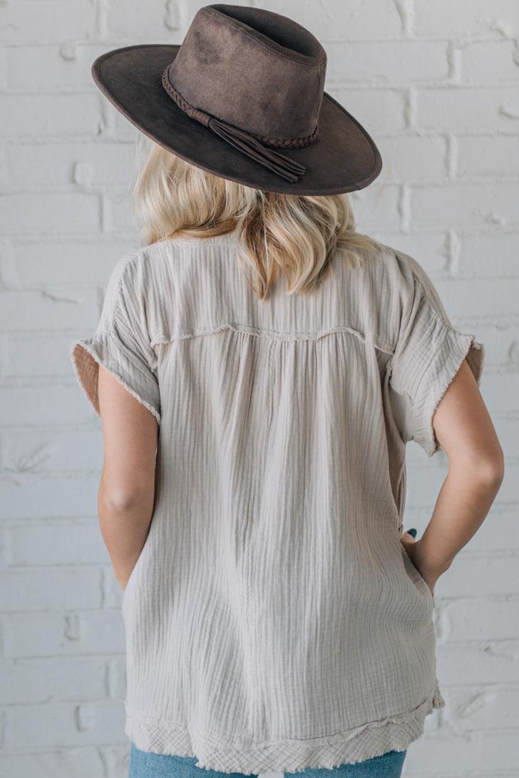 Raw Edge Gauze Top – Lightweight Cotton Babydoll Style Blouse with Side Pockets