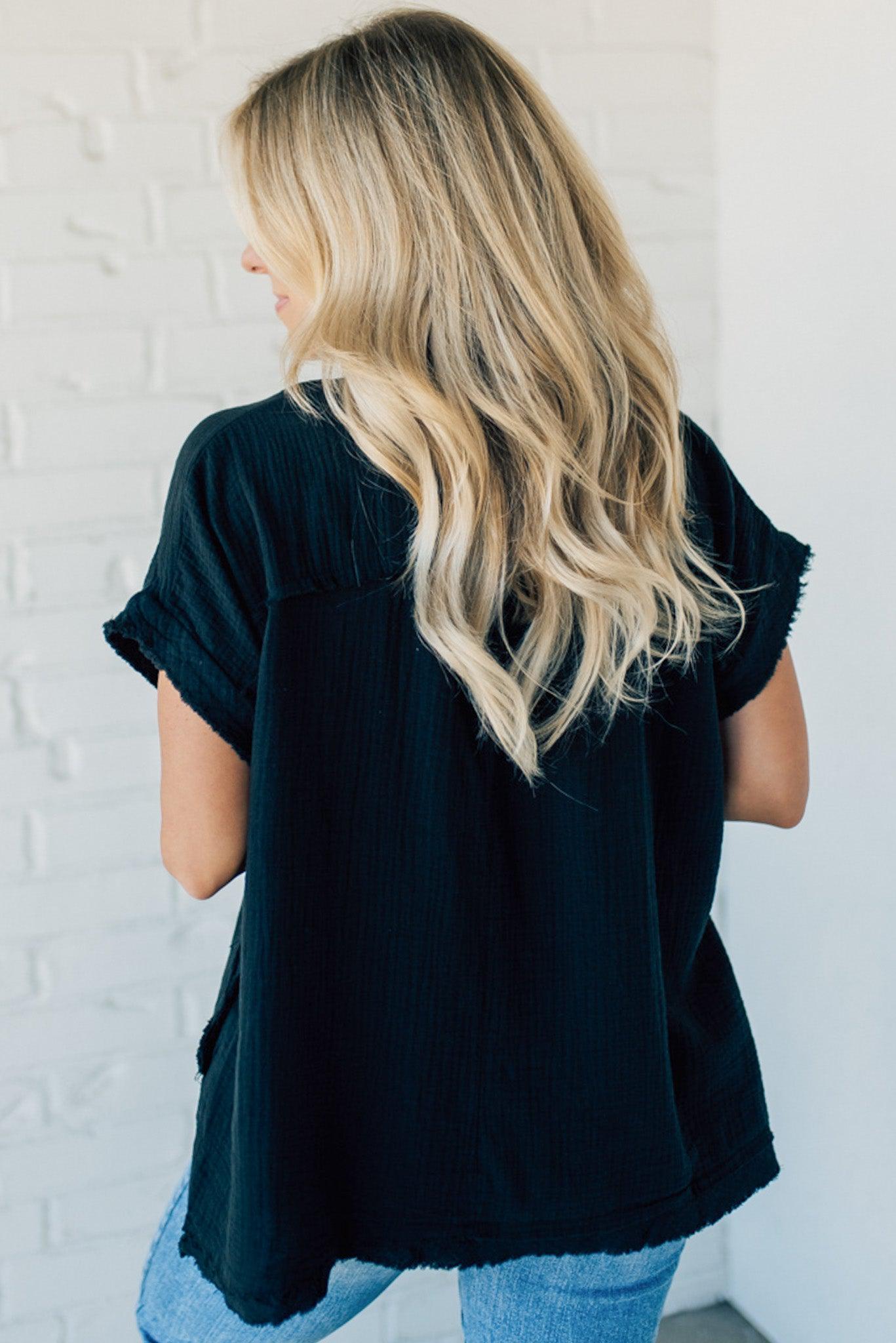 Raw Edge Gauze Top – Lightweight Cotton Babydoll Style Blouse with Side Pockets