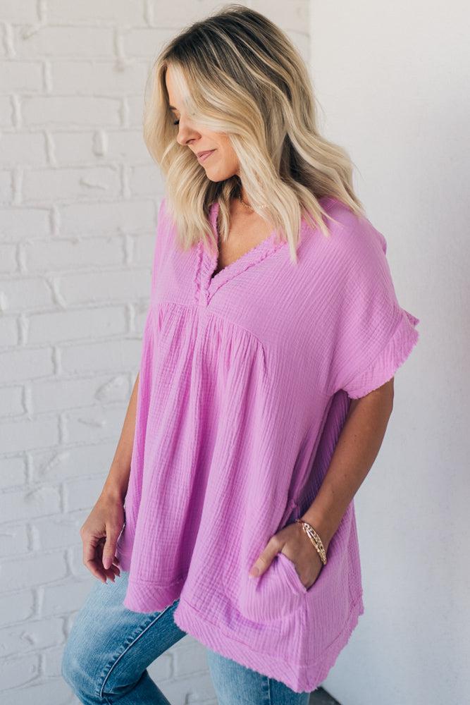 Raw Edge Gauze Top – Lightweight Cotton Babydoll Style Blouse with Side Pockets