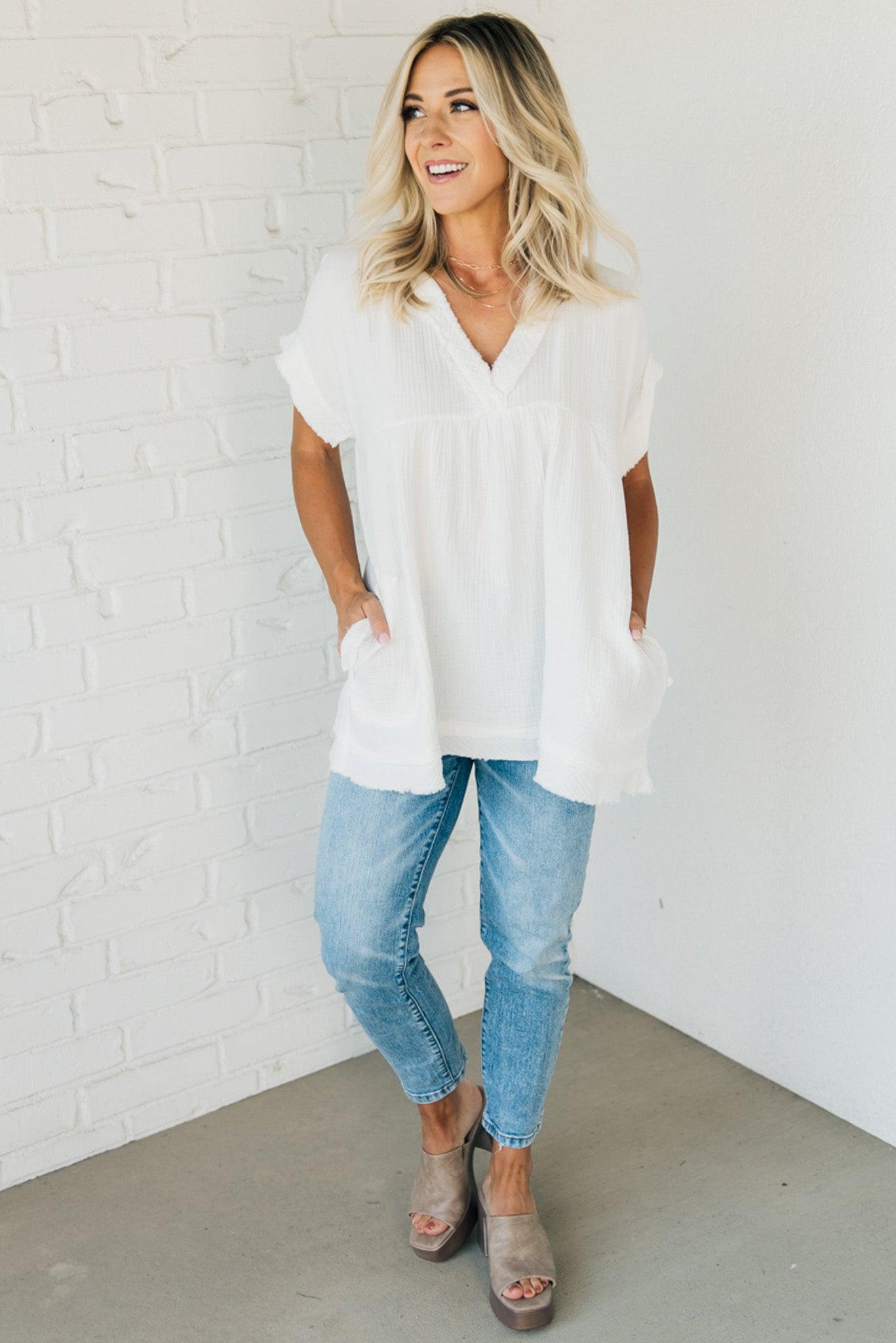 Raw Edge Gauze Top – Lightweight Cotton Babydoll Style Blouse with Side Pockets