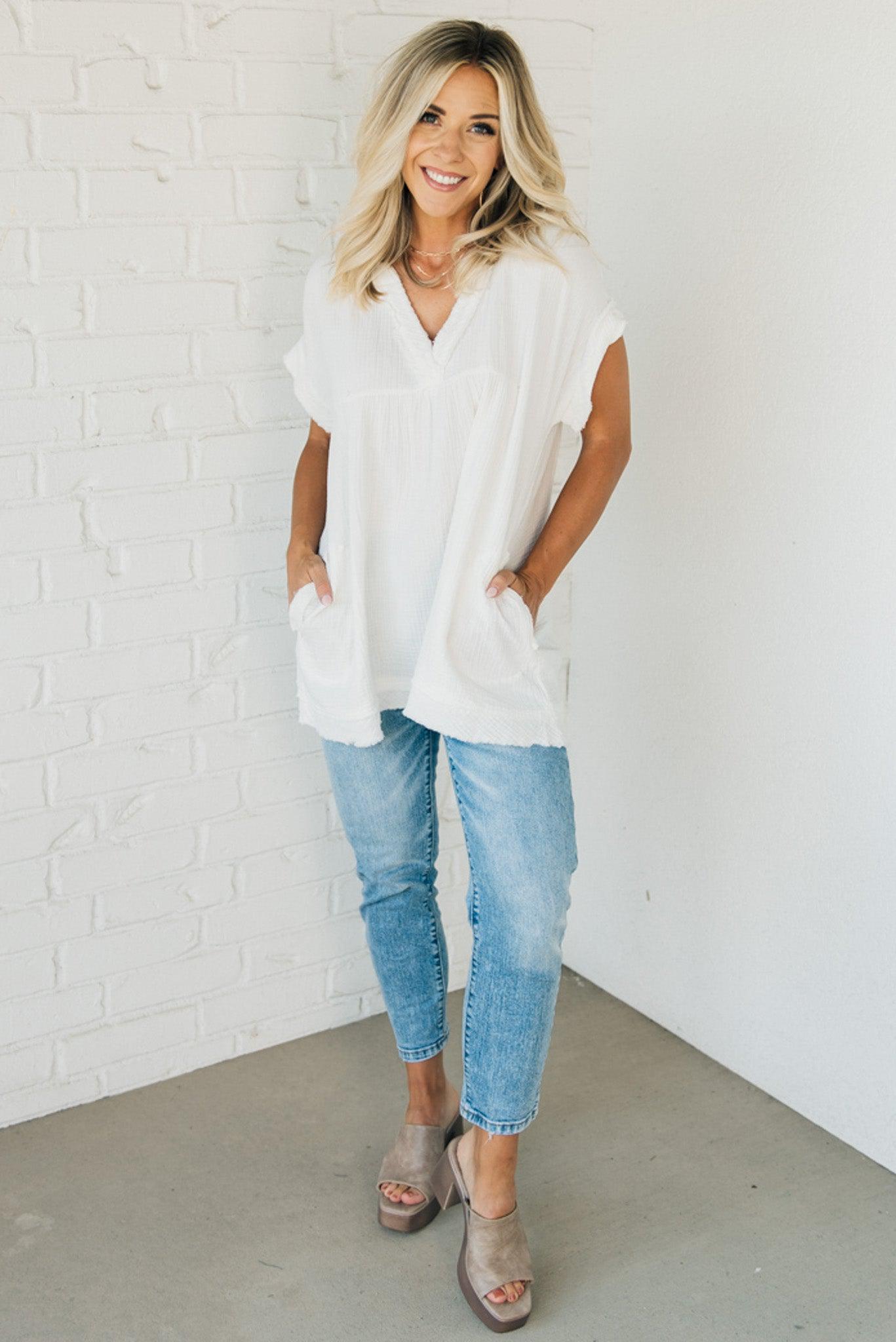 Raw Edge Gauze Top – Lightweight Cotton Babydoll Style Blouse with Side Pockets