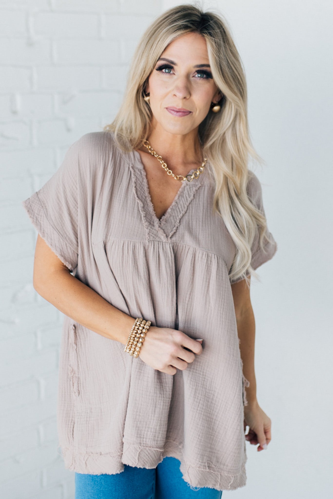 Raw Edge Gauze Top – Lightweight Cotton Babydoll Style Blouse with Side Pockets