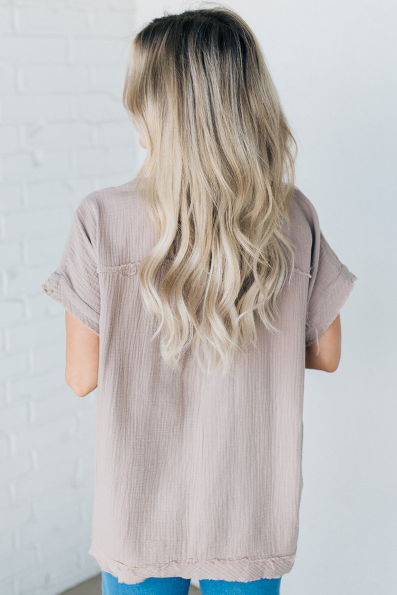 Raw Edge Gauze Top – Lightweight Cotton Babydoll Style Blouse with Side Pockets