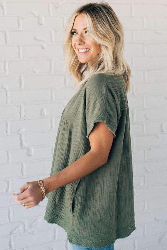 Raw Edge Gauze Top – Lightweight Cotton Babydoll Style Blouse with Side Pockets