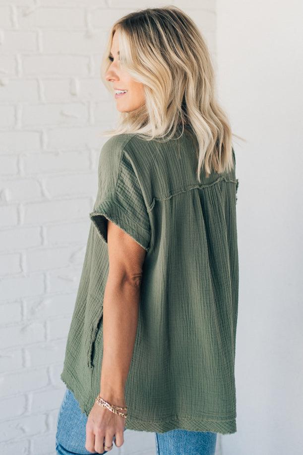Raw Edge Gauze Top – Lightweight Cotton Babydoll Style Blouse with Side Pockets