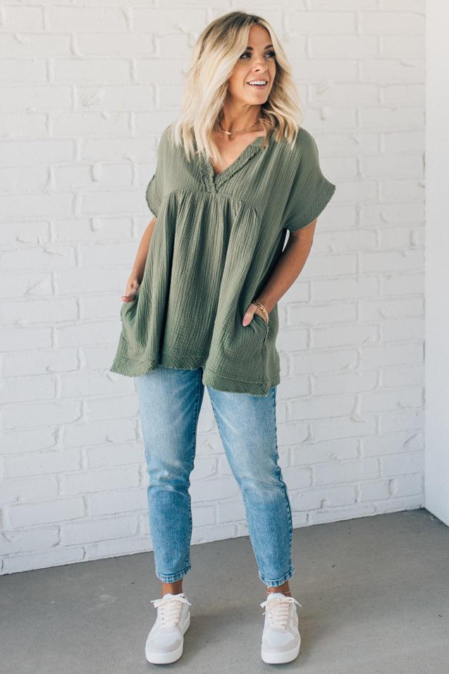Raw Edge Gauze Top – Lightweight Cotton Babydoll Style Blouse with Side Pockets