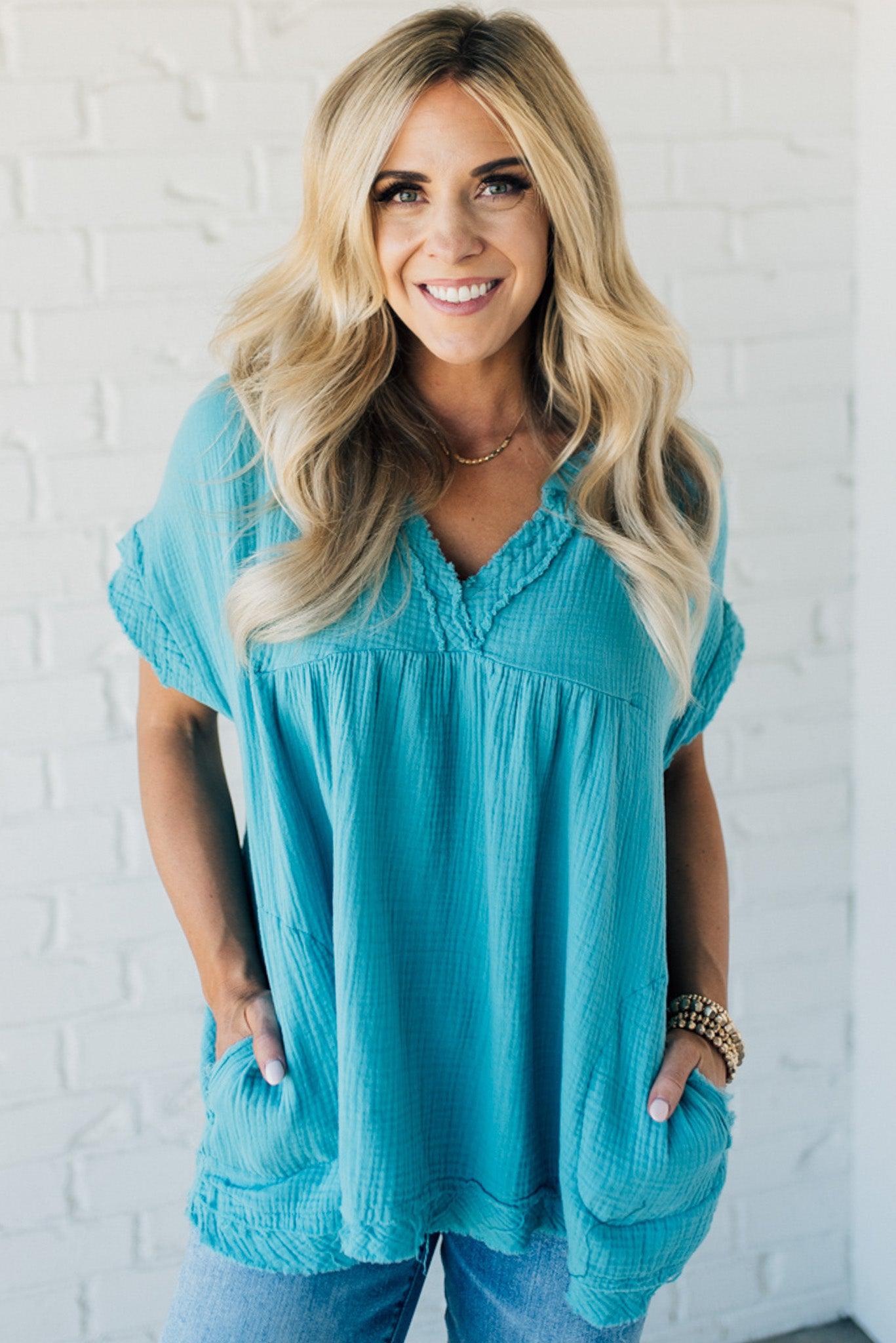 Raw Edge Gauze Top – Lightweight Cotton Babydoll Style Blouse with Side Pockets