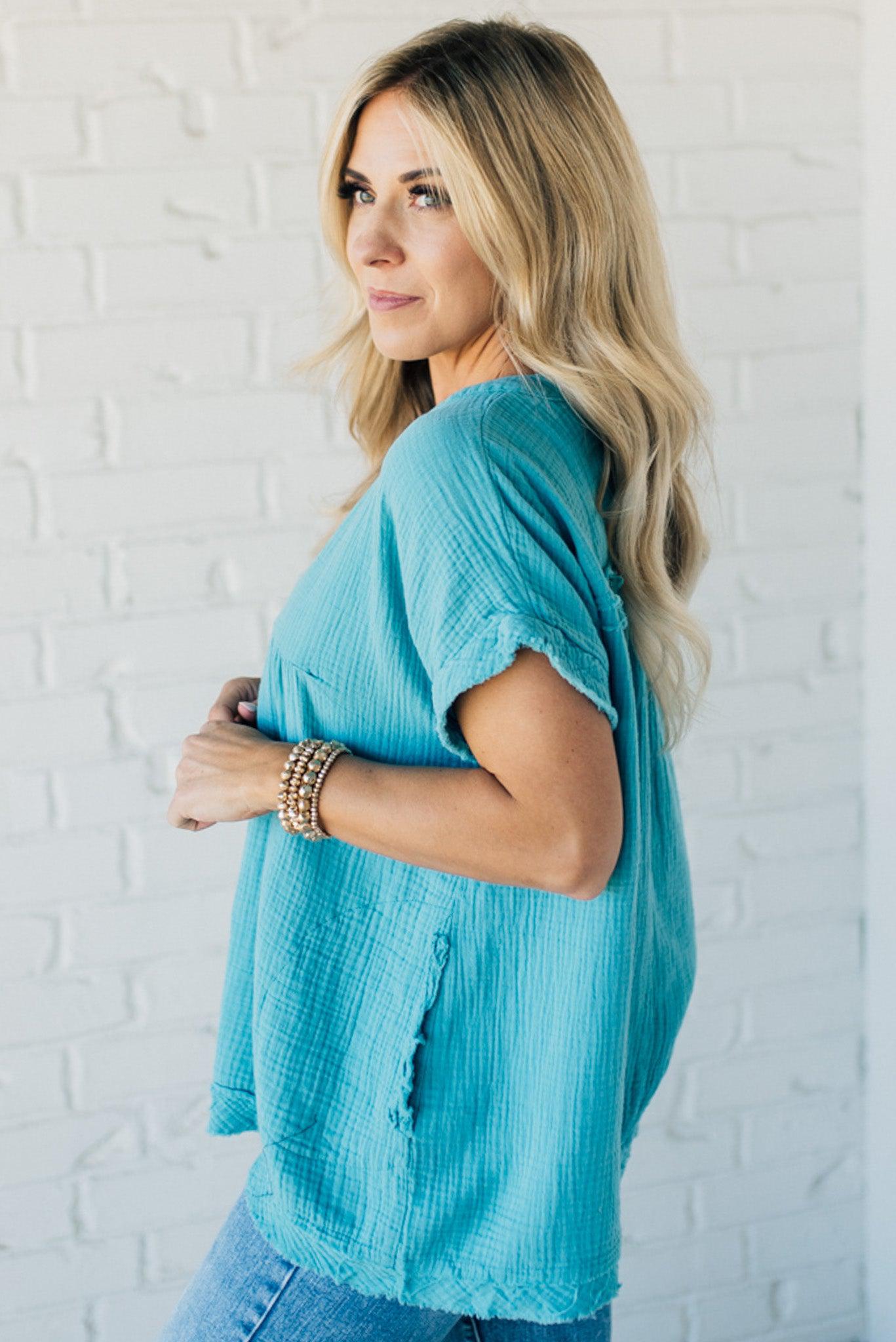 Raw Edge Gauze Top – Lightweight Cotton Babydoll Style Blouse with Side Pockets