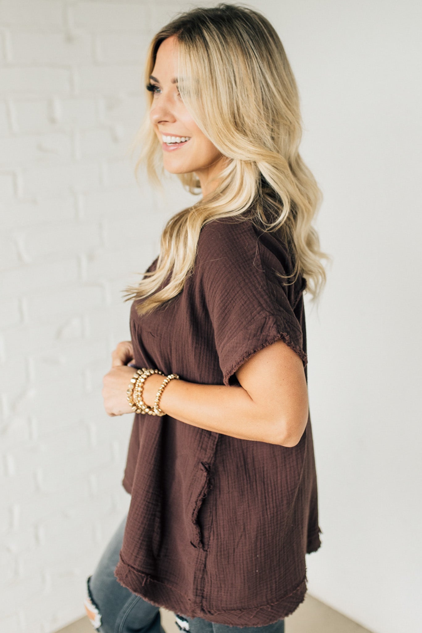 Raw Edge Gauze Top – Lightweight Cotton Babydoll Style Blouse with Side Pockets