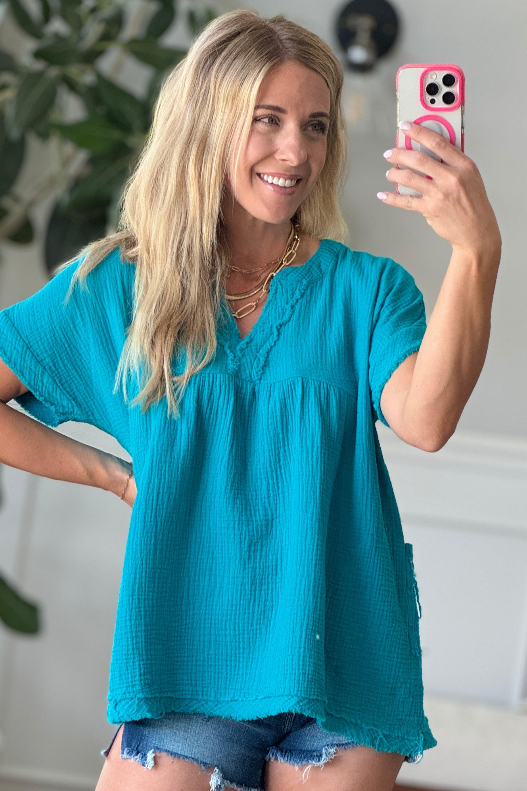 Raw Edge Gauze Top – Lightweight Cotton Babydoll Style Blouse with Side Pockets