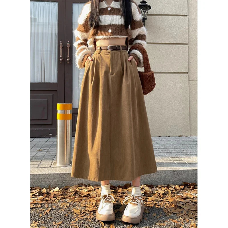 Corduroy Midi Skirt – Classic Belted A-Line High Waist Soft Fabric Skirt