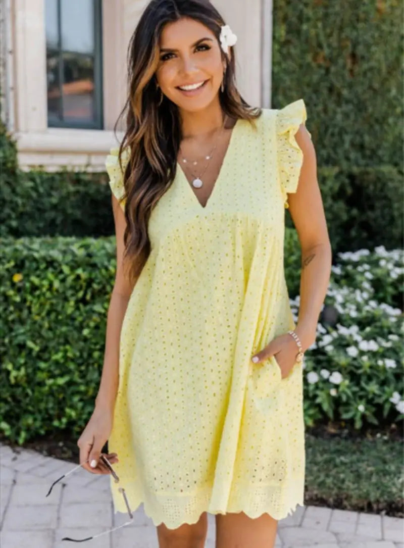 Elegant V-Neck Dress – Comfortable Loose Fit Summer Party Dress With Pockets