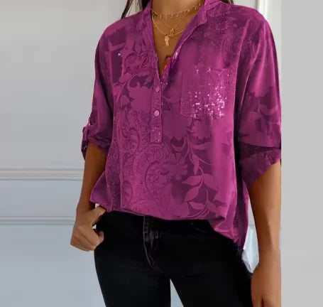 Pocketed V-Neck Shirt – Elegant Women's Casual Shirt with Chest Pocket