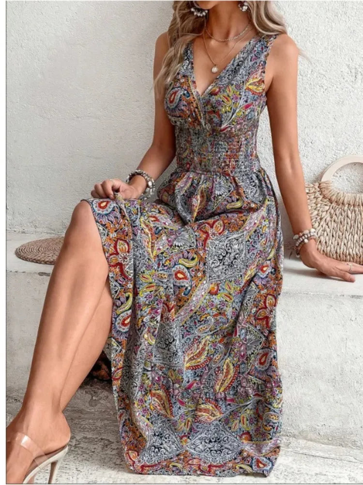 Boho Maxi Dress – Lightweight Sleeveless V-Neck Flowy Summer Dress with Tummy Coverage