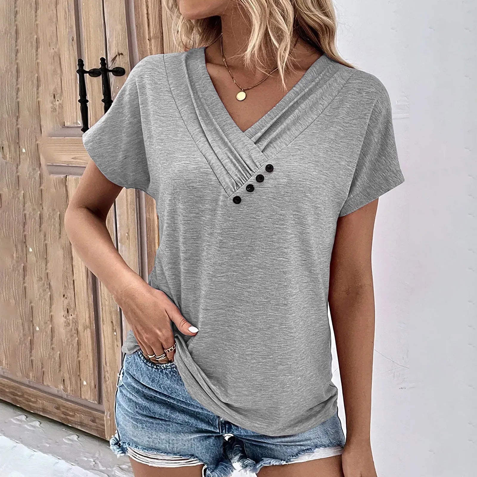 Ribbed V-Neck Tee – Lightweight Summer Top With Chic Button Detail & Stretchy Fabric
