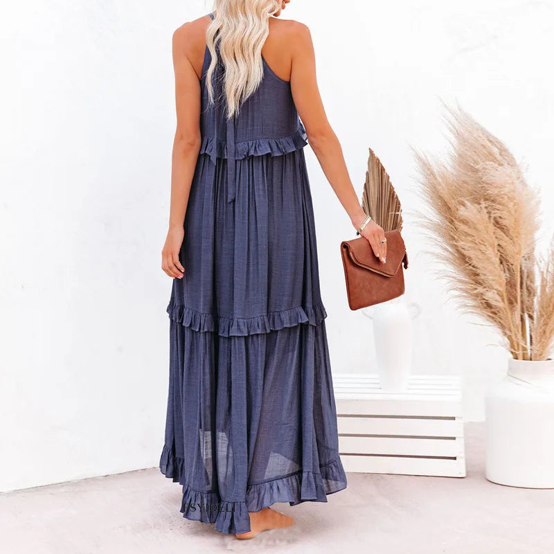 Halter Ruffle Maxi Dress – Elegant Bohemian Flowy Summer Dress With Ruffle Hem