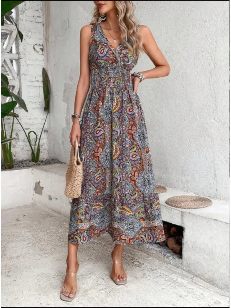 Boho Maxi Dress – Lightweight Sleeveless V-Neck Flowy Summer Dress with Tummy Coverage