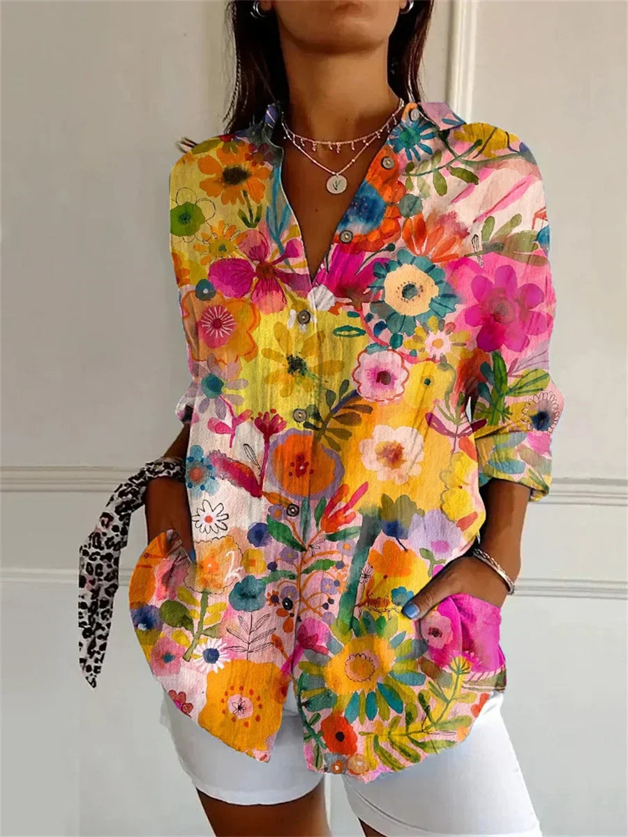 Floral Casual Blouse - Elegant Flower Print Button Front Long Sleeve Top