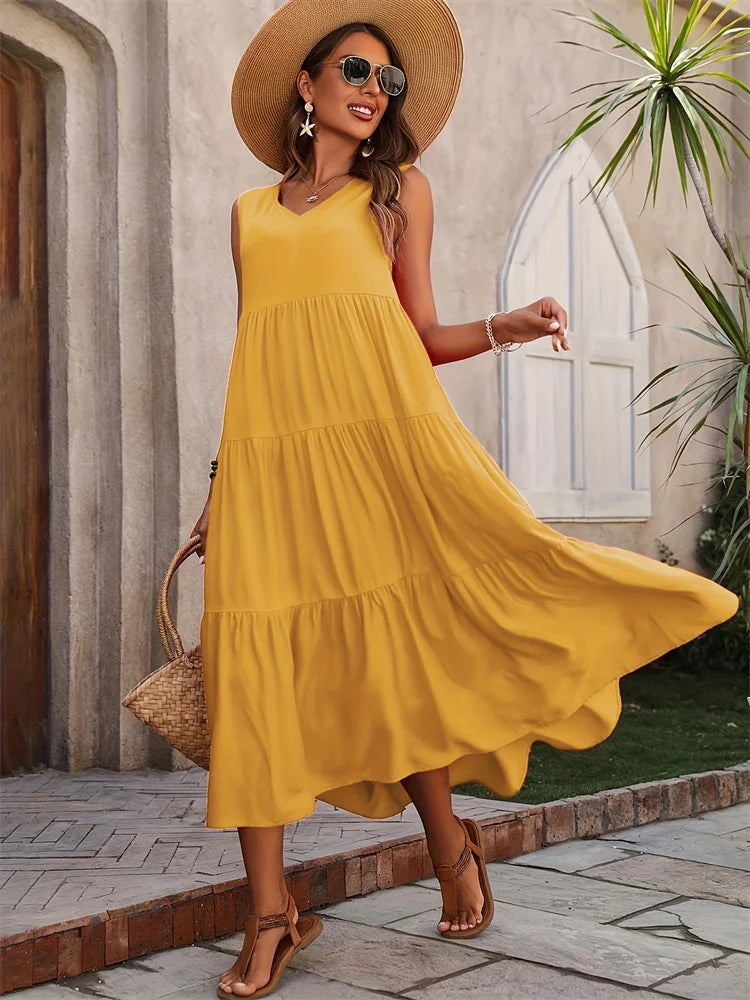 Flowing Maxi Dress - Lightweight Breathable Fabric | Tiered Summer Gown