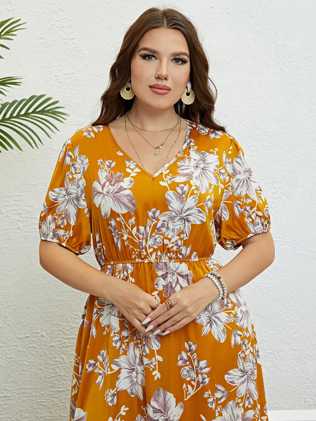 Floral Midi Dress - Yellow A-Line Plus Size Dress With Elastic Waist & V-Neck