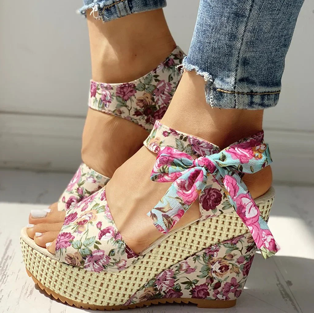 Floral Wedge Sandals - Lace-Up Adjustable Strap Women's Summer Shoes