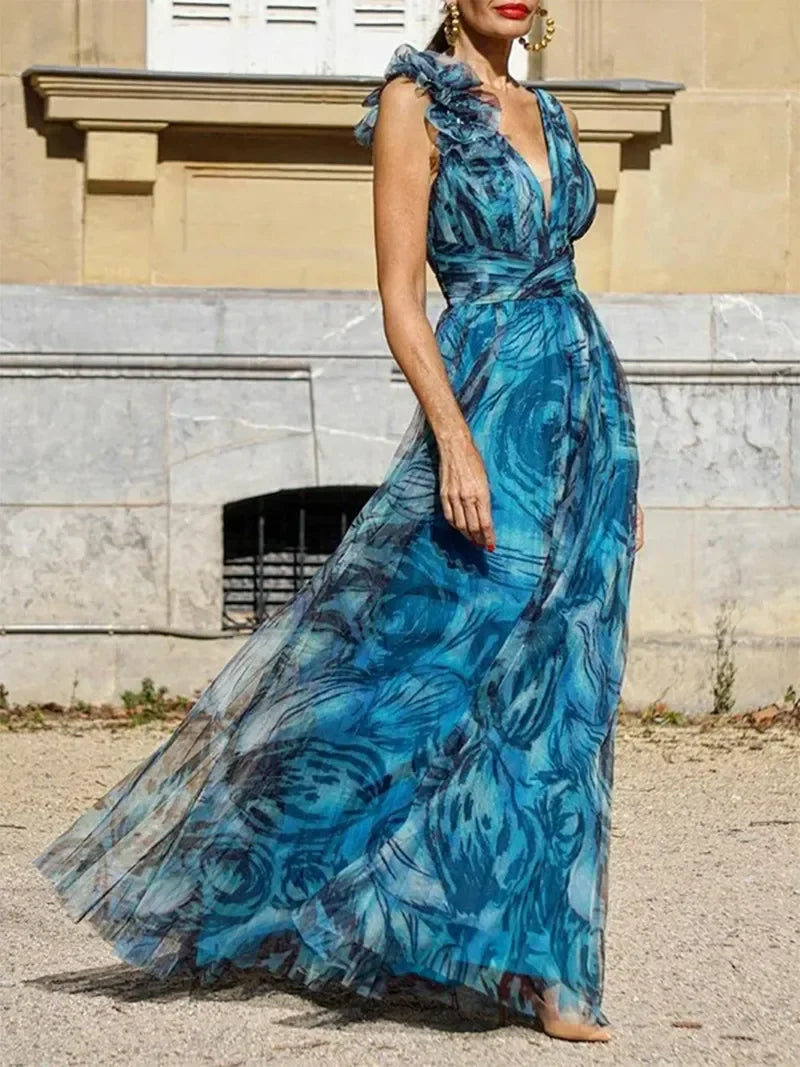 Peacock Blue Maxi Dress - Elegant Flowing Summer Dress with Flattering Fit