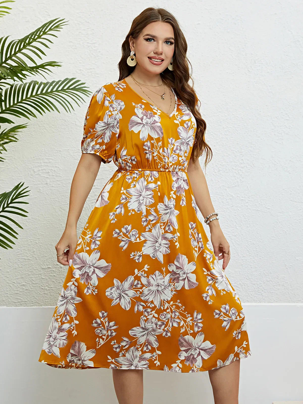 Floral Midi Dress - Yellow A-Line Plus Size Dress With Elastic Waist & V-Neck