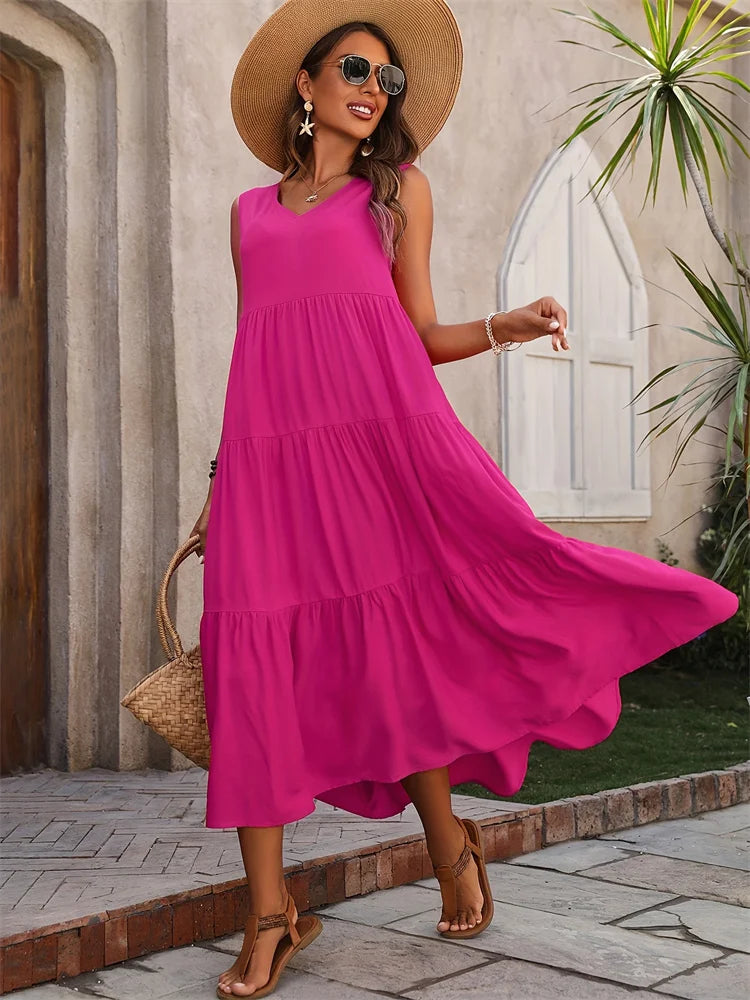 Flowing Maxi Dress - Lightweight Breathable Fabric | Tiered Summer Gown