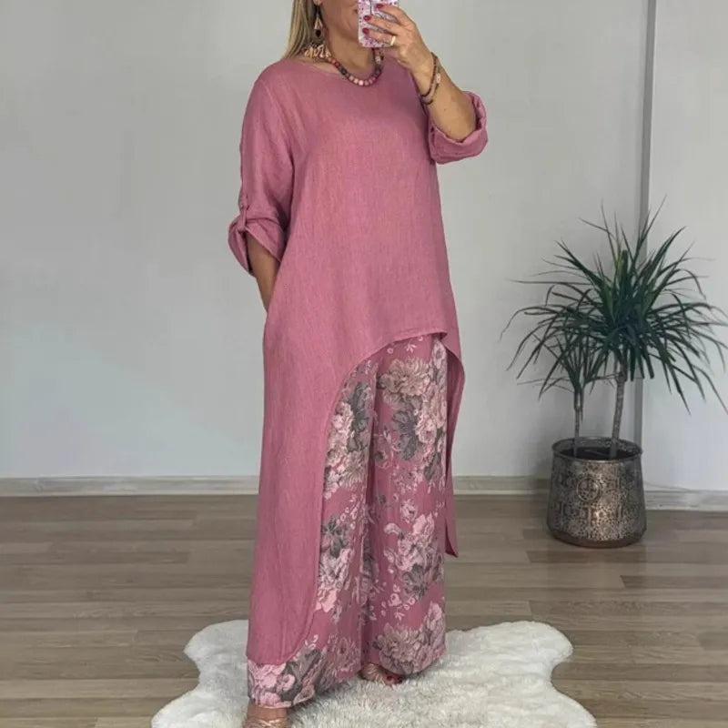 Floral Pants Set – Long Blouse Outfit | Comfortable Women's Wear Two Piece Set