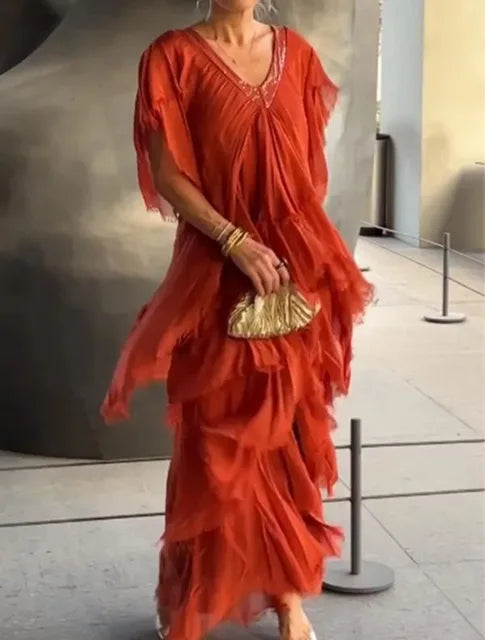 Tiered Maxi Dress – Elegant Flowing Maxi Dress With Tummy Coverage & Breathable Fabric